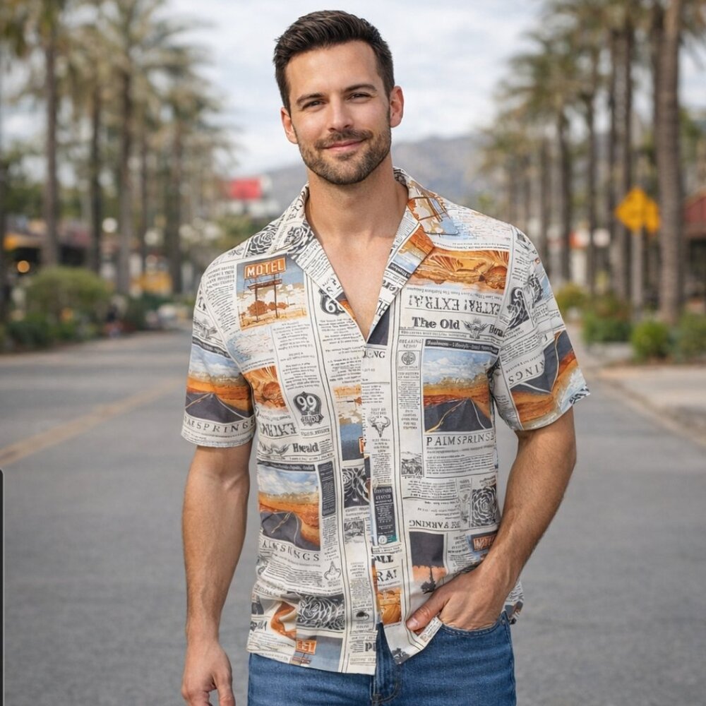 "No Boundaries" Retro, Newspaper, Route 66, Vintage Size L (42-44), Like New